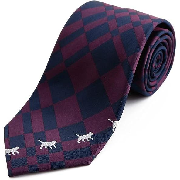 [Rachel] アニマル ネクタイ ネコ柄 犬猫 チェック柄 シルク100％ ジャガード織 撥水効...
