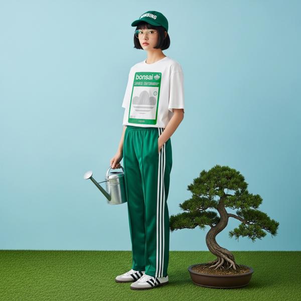 和モダン 盆栽ロゴ　オーバーサイズ　白Tシャツ　グリーンホワイト メンズ レディース ユニセックス ...