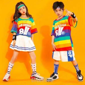 キッズダンス衣装 ヒップホップ HIPHOP セットアップ Tシャツ 半ズボン スカート 子供 男の...