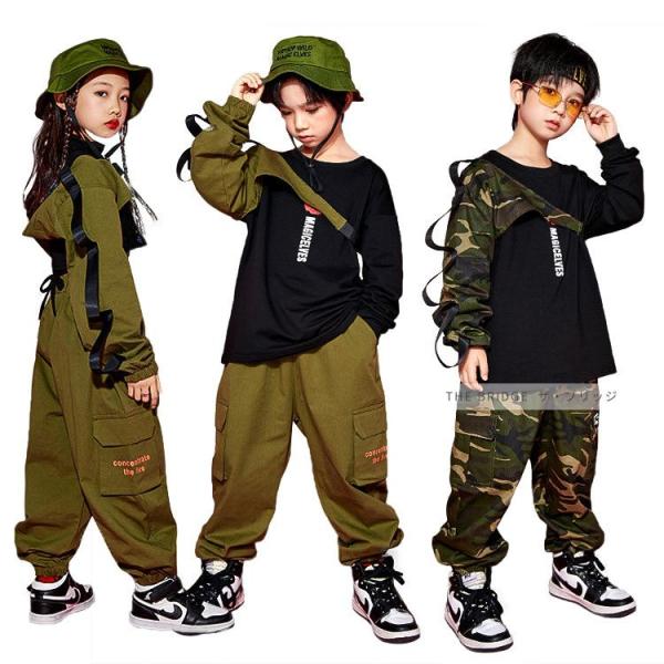 迷彩 子供服 キッズダンス衣装 セットアップ k-pop ヒップホップ キッズ ダンス 衣装 トップ...