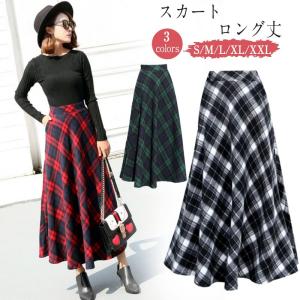 スカート チェック柄 厚手  Aラインスカート  ミモレ丈 レディース ハイウエスト  ロングスカート フレア カジュアル 着痩せ  秋冬 おしゃれ