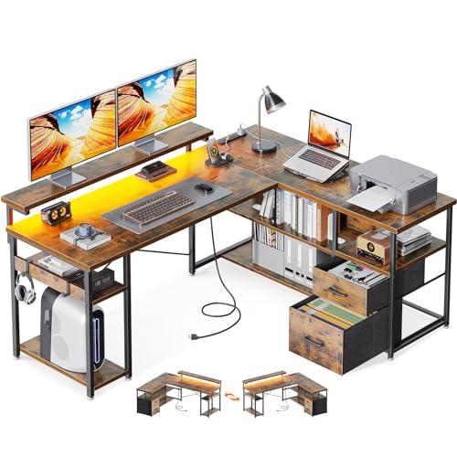 ODK パソコンデスク 引き出し2杯付き ゲーミングデスク コンセント付き l字デスク デスク 机 ...