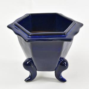 中古】盆栽鉢 常滑 山秋造 松泉焼 中型 長辺 約 20cm 丸鉢 泥物 現品