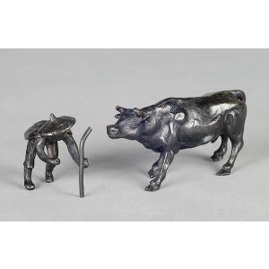 銅製添景「農夫と牛」
