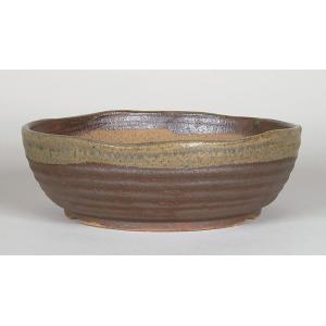 盆栽鉢 「紀伊赤絵山水図楕円鉢」 植木鉢 絵付鉢 作家鉢 磁器 共箱