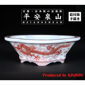 盆栽鉢 「紀伊赤絵山水図楕円鉢」 植木鉢 絵付鉢 作家鉢 磁器 共箱