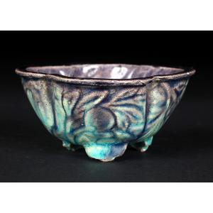 盆栽鉢 尾張貼花文丸鉢 植木鉢 蘭鉢 磁器物 絵鉢 8号 25cm 青 ネイビー