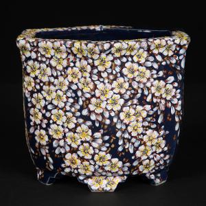 七代渋草柳造染付百鬼夜行図六角鉢 盆栽鉢 植木鉢 盆器 作家鉢