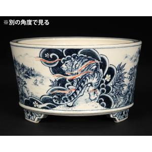 七代渋草柳造染付山水龍虎図丸鉢 盆栽鉢 鉢 植...の詳細画像1
