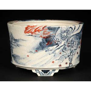 六代渋草柳造浮絵桜図丸鉢 盆栽鉢 鉢 植木鉢 盆器 作家鉢 bonsaipot