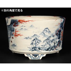 七代渋草柳造染付山水風神雷神図丸鉢 盆栽鉢 植...の詳細画像1
