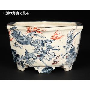七代渋草柳造染付百鬼夜行図六角鉢 盆栽鉢 植木...の詳細画像1
