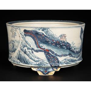 七代渋草柳造染付百鬼夜行図六角鉢 盆栽鉢 植木鉢 盆器 作家鉢