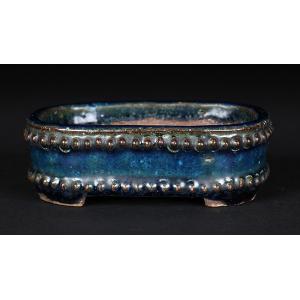 盆栽鉢 二代東福寺緑釉楕円鉢 植木鉢 平安東福寺 水野勇 落款あり