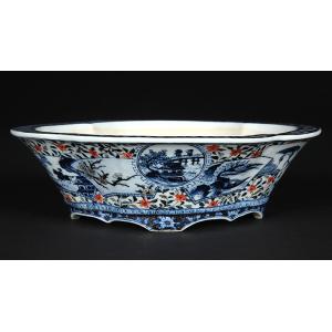 九谷理節染付赤絵窓抜草花山水図木瓜式鉢 盆栽鉢 鉢 植木鉢 盆器 藍