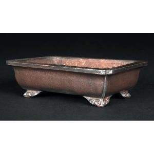 盆栽鉢 紫泥外縁隅入下紐長方鉢 朱泥 植木鉢 中国鉢 泥鉢 陶器 6号