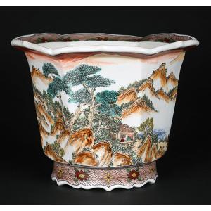盆栽鉢 月之輪正泉五彩山水図輪花縁六角鉢 絵付...の詳細画像1