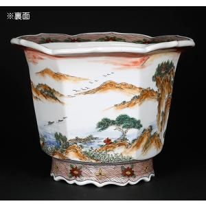 盆栽鉢 月之輪正泉五彩山水図輪花縁六角鉢 絵付...の詳細画像2