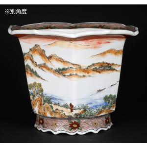 盆栽鉢 月之輪正泉五彩山水図輪花縁六角鉢 絵付...の詳細画像3