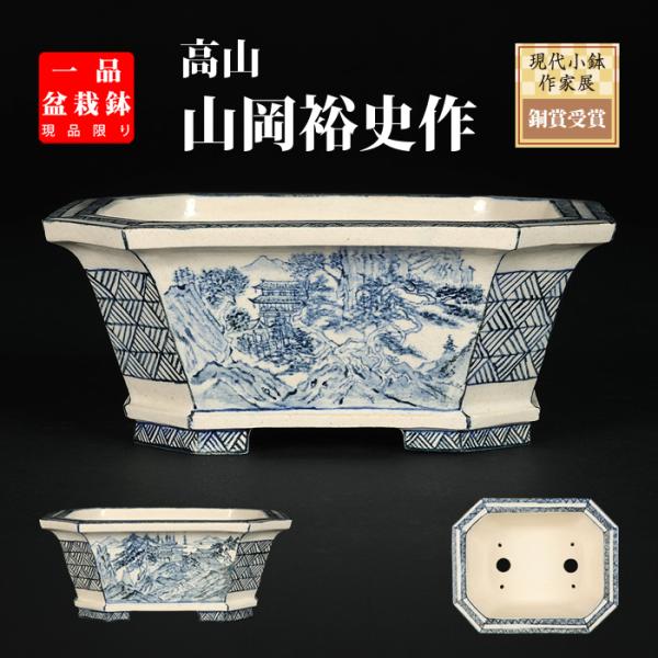 盆栽鉢 「高山染付山水図長方鉢」 植木鉢 絵付鉢 作家鉢 磁器 呉須 5号 15cm 小品盆栽 ミニ...