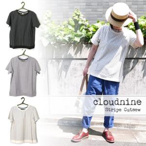 Tシャツ カットソー 半袖 さわやか縦ストライプ レディース シンプル ナチュラル カジュアル 天竺 重ね着 着やせ グレー ネイビー アイボリー