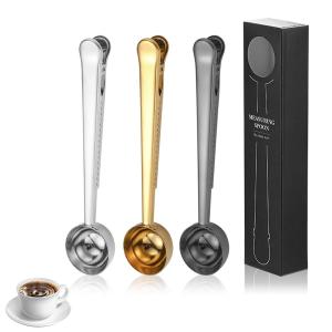 3個入り コーヒーメジャースプーン クリップ付き 金属製計量スプーン コーヒーン ステンレス鋼 お手入れ簡単 多機能 キッチン用品（シルバー