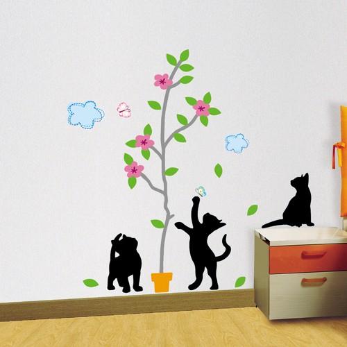 ウォールステッカー シール はがせる 壁 北欧 黒い猫と植木鉢