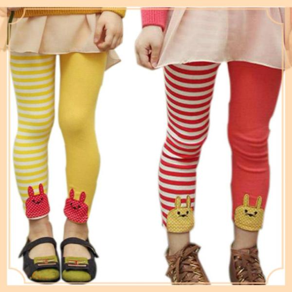 韓国子供服 片方ボーダーのウサギレギンス キッズ かわいい 女の子 ボトムス パンツ 春夏秋冬 10...