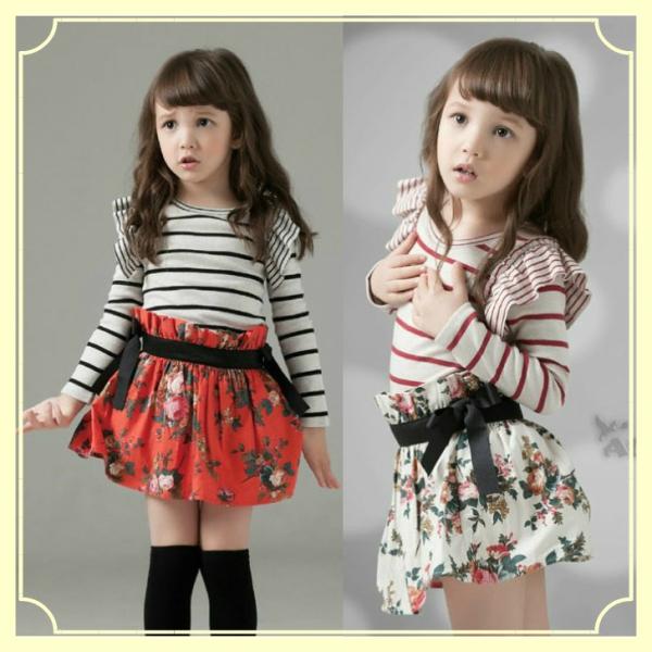 韓国子供服 ボーダー＆花柄ワンピース 女の子 長袖 ワンピース 春秋 結婚式/発表会/入園/入学式/...