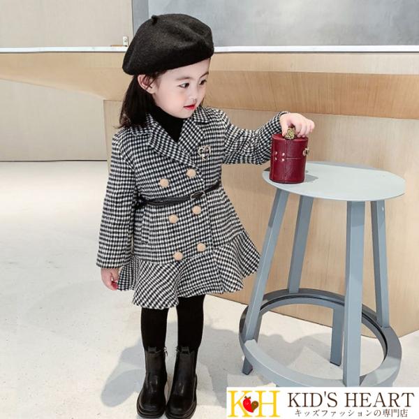 千鳥格子コート ベルト＆ブローチ付き 中綿 ワンピース風コート アウター チェック柄 千鳥格子 英国...