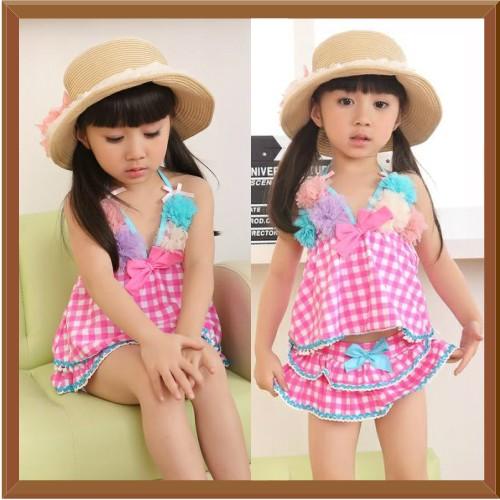 子供水着 チェック柄3点セット水着 チュールフラワー レース リボン キッズ ビキニ ワンピース セ...