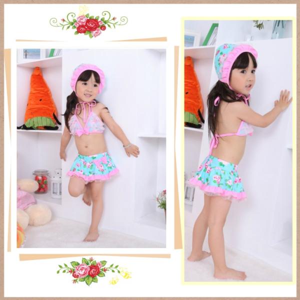 子供水着 3点セット花柄ビキニ風子供水着 キッズ/かわいい/女の子/ボーダー/ビキニ100cm 11...