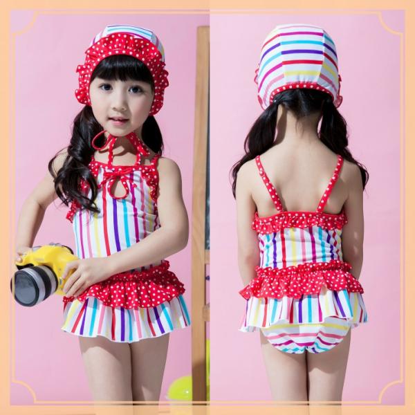 子供水着 帽子付き多彩ボーダーワンピース子供水着 キッズ/かわいい/女の子/ボーダー/ワンピース10...
