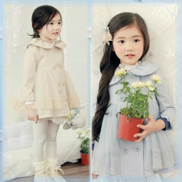 韓国子供服 レース付き無地ピーコート 女の子 長袖トップス アウター 秋冬 結婚式/発表会/入園/入...