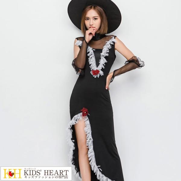 魔女 コスプレ 衣装 ハロウィン 女子 ワンピース 魔女 女の子 エレガント 上品 花付き タッセル...