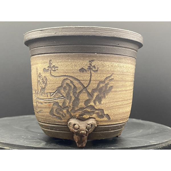 泥珠 紫泥山水彫切足鉢 3号(8.5cm)