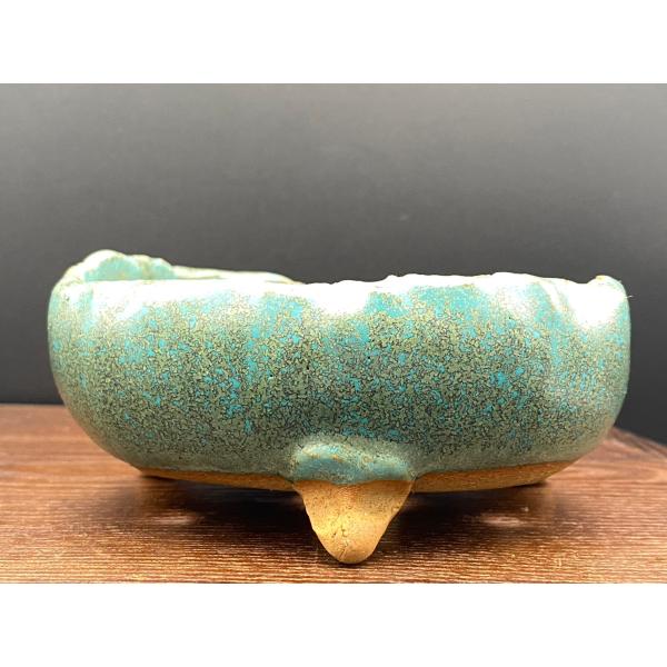 竜岳 緑釉手びねり丸切足鉢 4号(13.5cm)