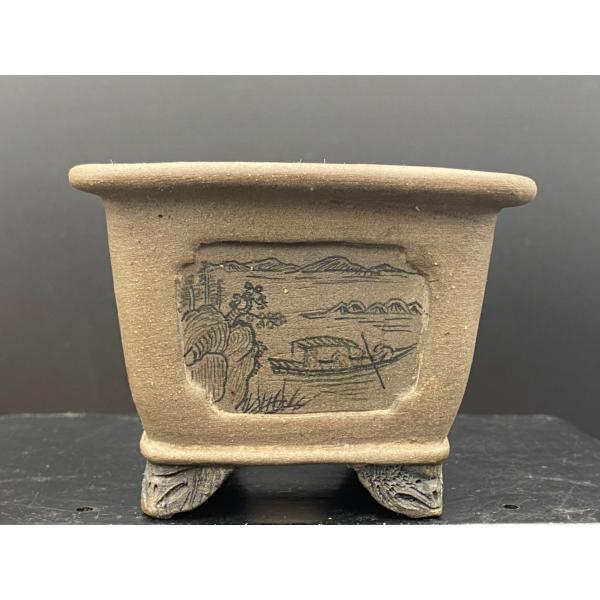 谷嵐山 山水染付図正方外縁鬼面足鉢 3号(9.5cm)