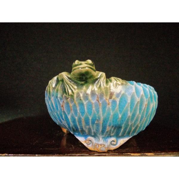 古本正志 トルコマット釉蛙付丸手びねり雲足鉢 3号