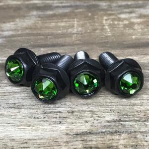 黒ステンレス＆緑クリスタルガラス 高耐久性 スワロフスキー ナンバーボルト 4本