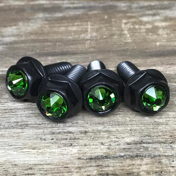 黒ステンレス＆緑クリスタルガラス 高耐久性 スワロフスキー ナンバーボルト 4本