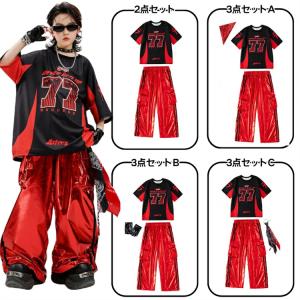 メタリック 赤 黒 キッズダンス衣装 ヒップホ...の詳細画像4