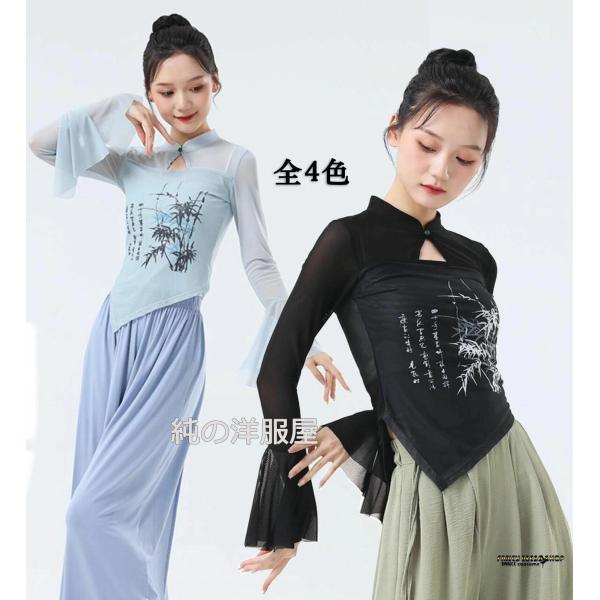 大人 中華ダンス 衣装 長袖 メッシュ チュール切替 袖フリル 水袖 前に穴開け 竹のプリント 中華...