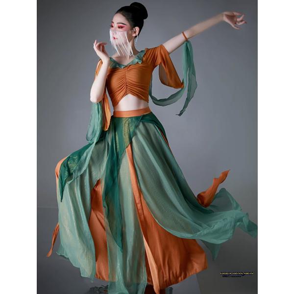 中華古典ダンス衣装 レディース 大人 子供 中華敦煌舞踊 漢唐古典舞踊 衣装セット 長いリボン付き ...