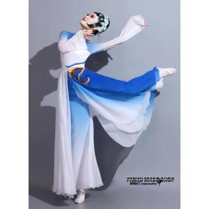 中華古典舞踊 ダンス衣装セット 大人 子供 チャイナ民族風ダンス衣装 白青 グラデーション ロング丈...