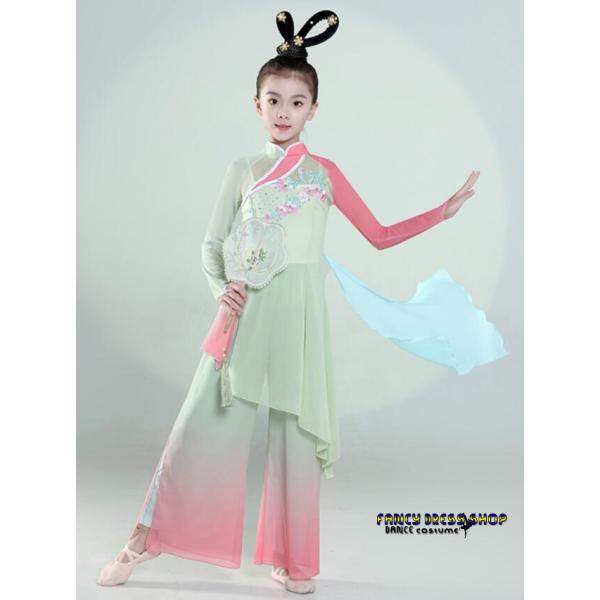 子供 中華ダンス衣装 チャイナ民族ダンス衣装 女の子 ガールズ ロング丈 斜め裾 チャイナブラウス ...