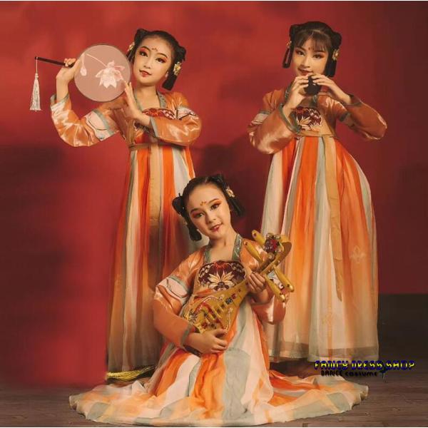 子供 中華 古典舞踊 ダンス 衣装 女の子 漢服 唐時代 宮廷 敦煌舞踊 飛天 ダンス 衣装 可愛い...