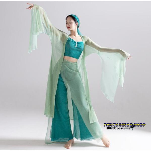レディース古典ダンス衣装5点セット チャイナ 中華ダンス 衣装 緑系 「青蛇」古典舞踊 中国踊り ダ...