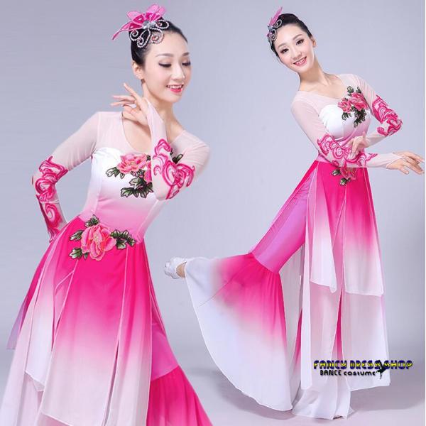 民族ダンス衣装 中国古典舞踊ダンス衣装 ロングブラウス＋ラッパパンツ 上下2点セット レディース古典...