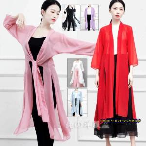 古典舞踊ダンス衣装 ロング丈羽織 サイドスリット リボン ひらひら 飄逸 ロングブラウス 古典ダンス モダンダンス ヨガ バレエ 練習着 レッスン着 レディース 七｜FANCY DRESS SHOP